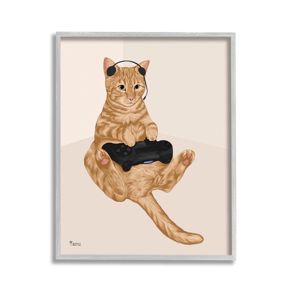 Stupell Industries Gamer Tabby Cat Animals & Insects Painting Gray Framed Art Print Wall Art, 11 x 14