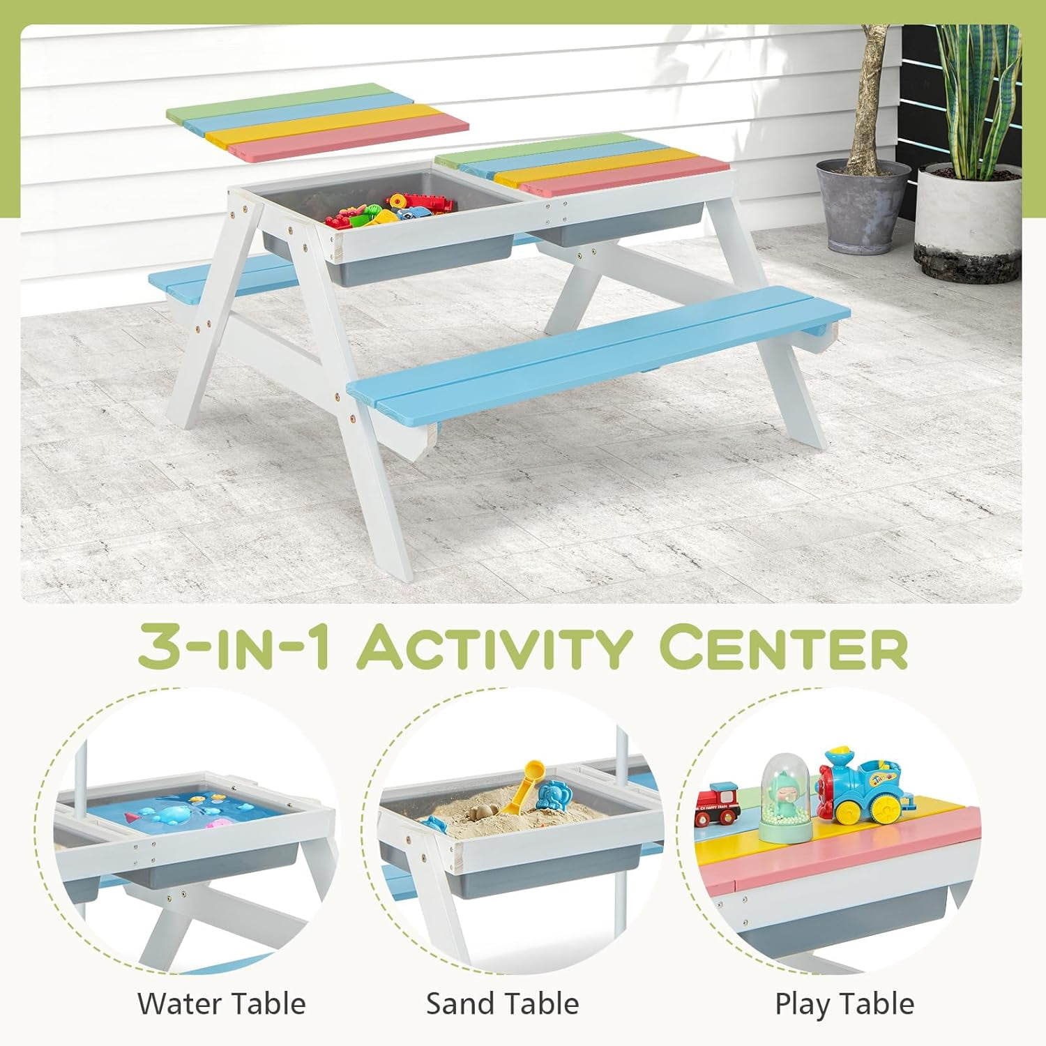 DORTALA Kids Picnic Table, 3-in-1 Water & Sand Activity Table with Height Adjustable Umbrella & Removable Tabletop, Outdoor Wooden Bench & Table Set for Toddler, for Garden, Yard & Patio, Blue