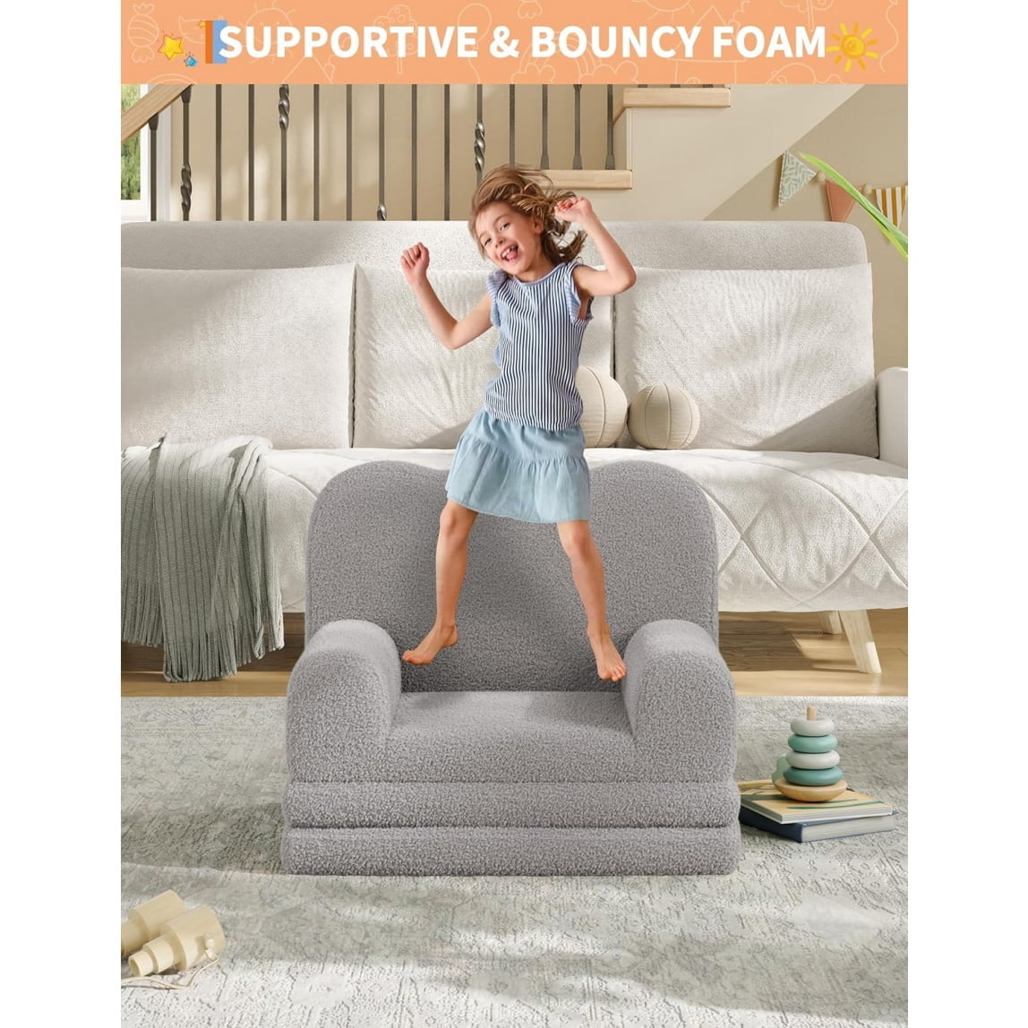 Home Kids Couch, 2-in-1 Convertible Toddler Sofa Chair, Soft Fold Out Couch Lounger for Kids, Comfy Children's Sofa Bed for Playroom
