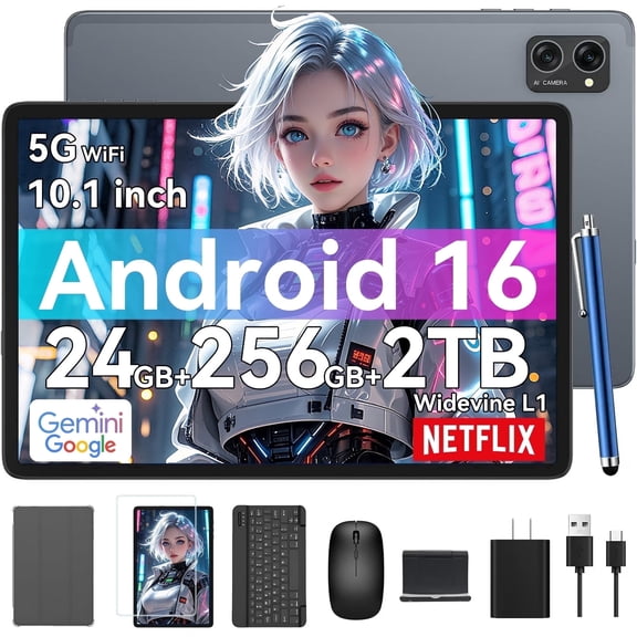Tablet 2026 Latest Android 16 Tablets with 10.1 Inch Incell Display, 24GB RAM 256GB ROM /2TB TF, Gemini AI, T606 Octa-Core 8MP Camera, 5000mAh, Widevine L1, 2 in 1 Tablets with Keyboard Mouse Stylus