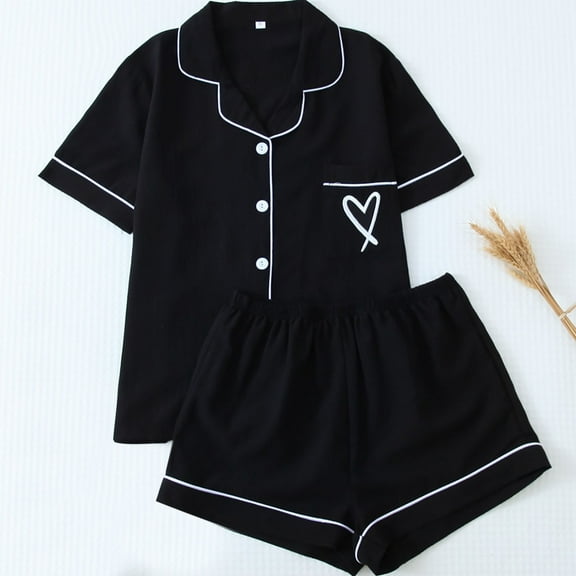 HongQid Women's Pajamas Set Heart Print Button Short Sleeve Shirt with Shorts Sleepwear PJs Set