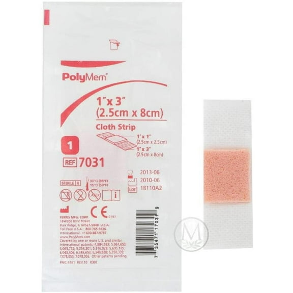 PolyMem Cloth Strip Wound Dressing, Sterile, Foam, 1' X 3' Adhesive, 1' X 1' Pad, 7031 (Box of 20), Please note: Image may not reflect actual item By Brand Ferris