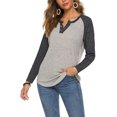 thumbnail image 2 of Long Sleeve Women's T-Shirt with Button V-Neck and Color Block Design in Dark Gray, Size XXL, Perfect for Daily Wear, 2 of 6