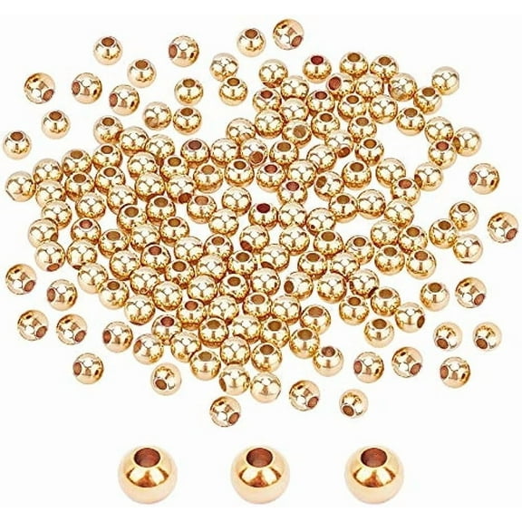 300pcs 4mm 14K Gold Plated Brass Beads Long-Lasting Round Smooth Spacer Beads Seamless Loose Ball Beads Gold Metal Beads for Summer Hawaii Stackable Necklace Bracelet Earring Making