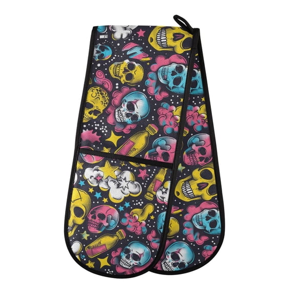 Dailycode Double Sided Oven Mitt with Loop Heat Resistant Kitchen Long Potholders 7" x 35" Skull Candy Bottles Stars