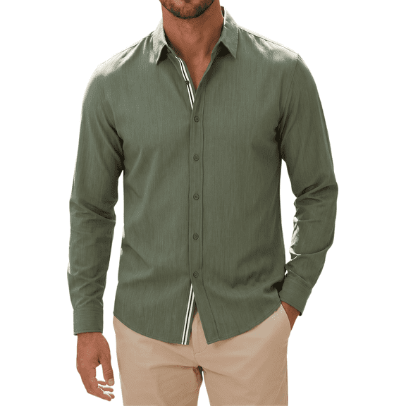 Mens Casual Button Down Shirt Long Sleeve Business Casual Lightweight Wrinkle Free Stretch Denim Texture Untucked