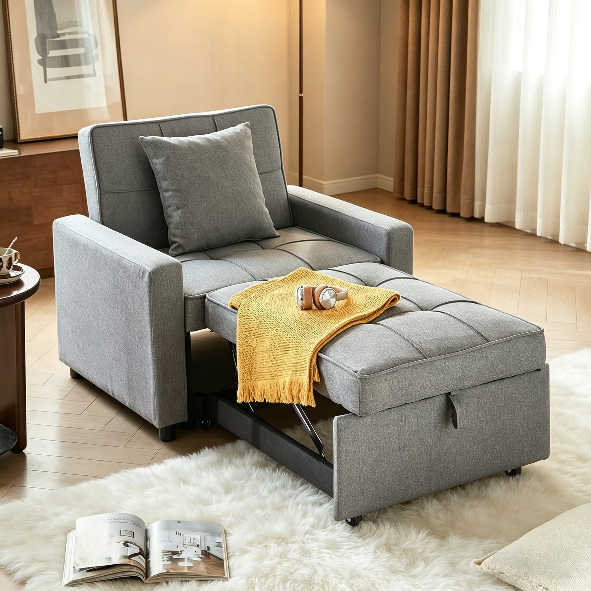Gewnee 3-In-1 Folding Sofa Bed Chair, Convertible Sofa Bed and Office Chair, Adjustable Backrest Leisure Chair With Wheels & Handles, Fit For Small Spaces, Light Gray
