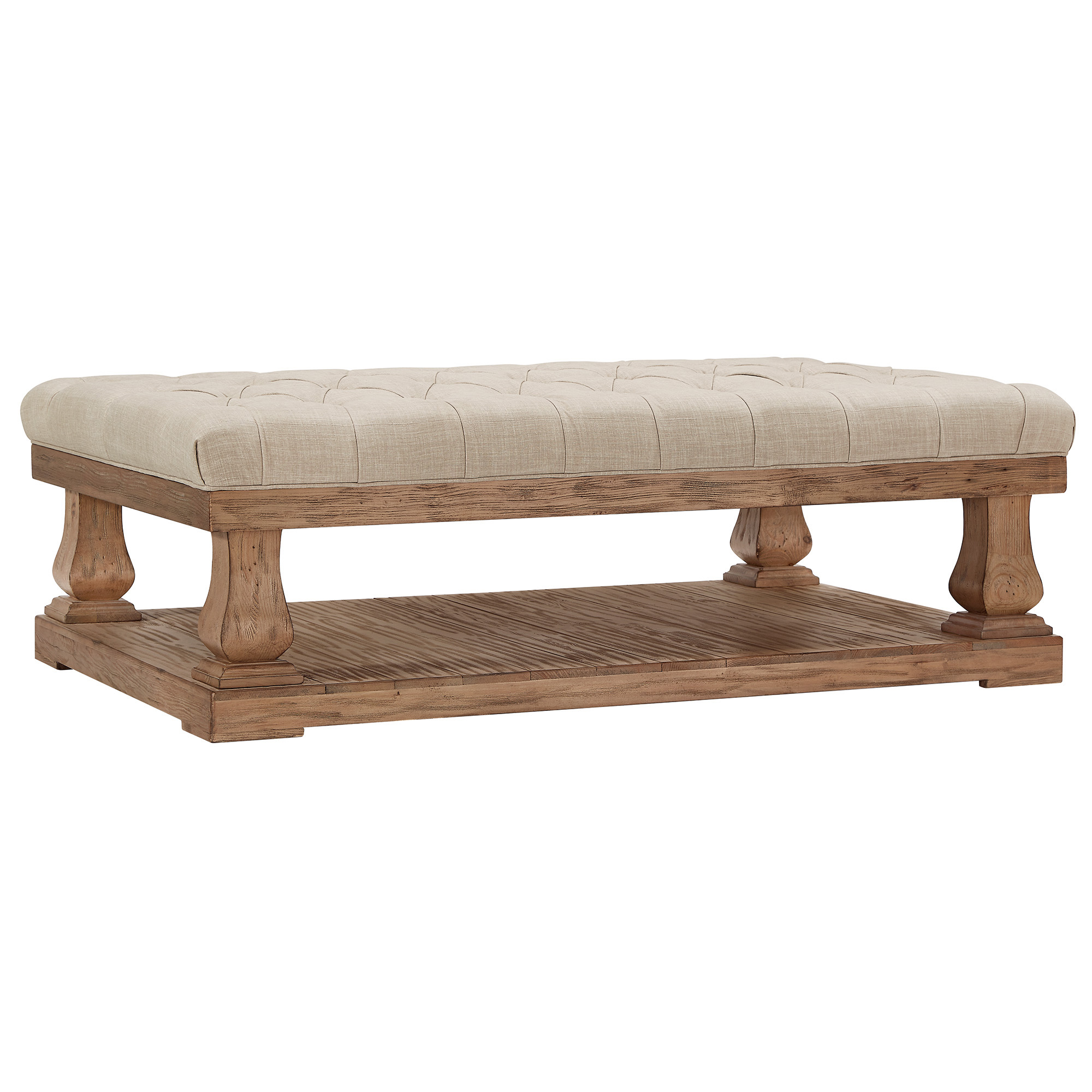 Weston Home Galvin Transitional Wood and Tufted Linen Coffee Table, Beige