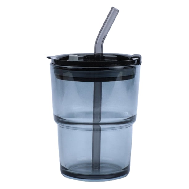 Billuyoard Taza de café de vidrio de amplias aplicaciones, tazas de café helado para jugo de café y té con pajita y tapa, taza de té helado Mostrada Gris humo+tapa+pajita