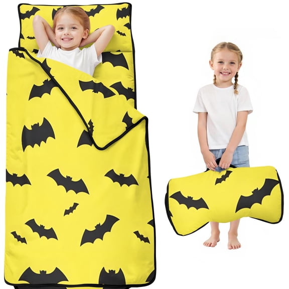 Yellow Halloween Bats Toddler Nap Mats for Kids Preschool,50"x20" Sleeping Mat Bag or Kids,Toddler Sleeping Bag,Toddler Nap Mat or Daycare