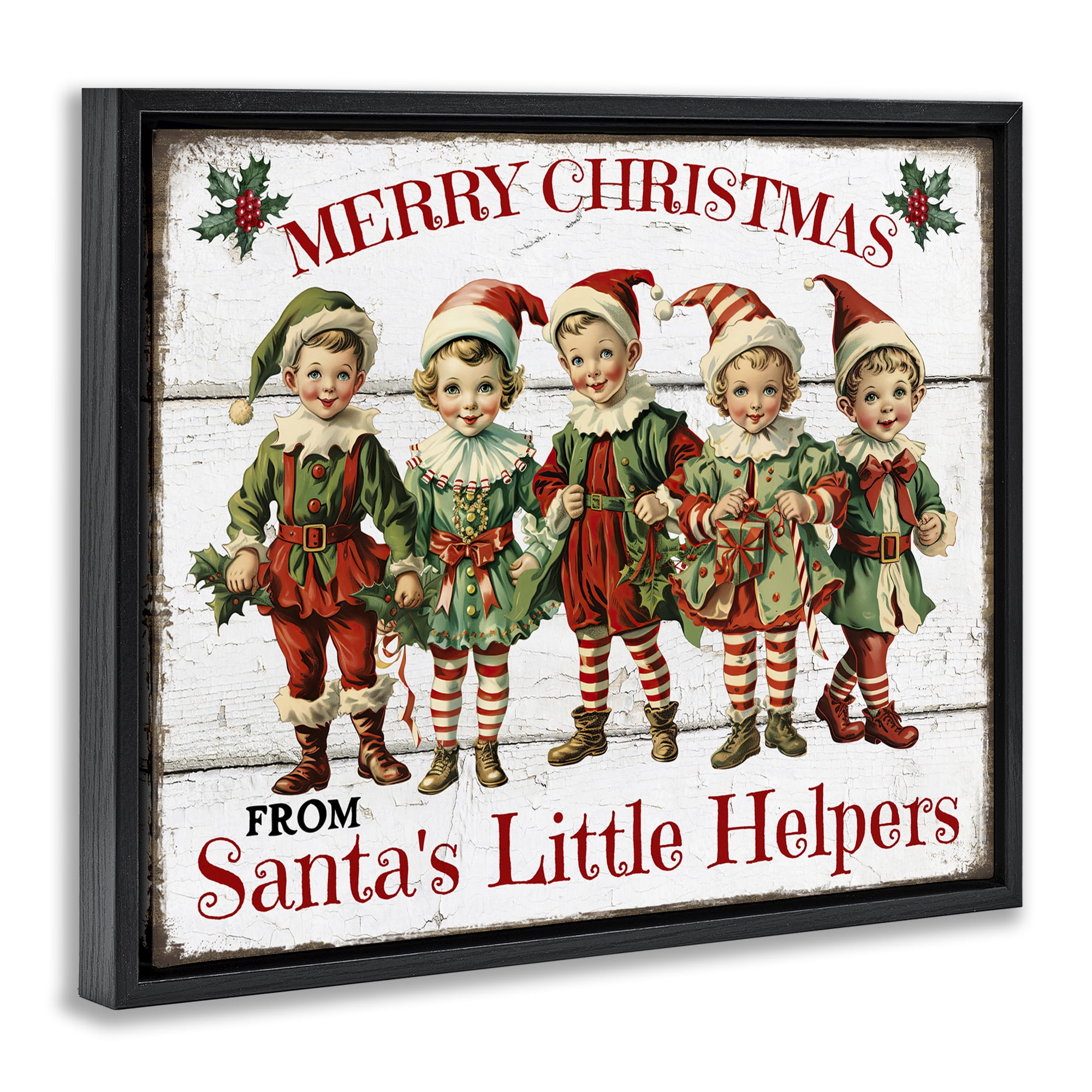 Stupell Industries Santa's Helpers Elves Holiday Painting Black Floater Framed Canvas Art Prints Wall Art, 31 x 25