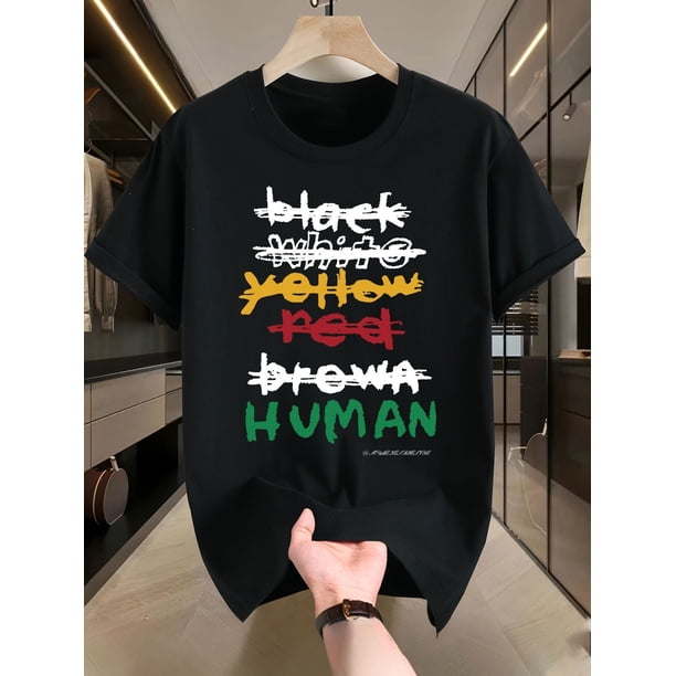 Men'S Casual Cotton T-Shirt with Creative Equality Print, Crew Neck, Slight Stretch, Regular Fit, Summer Knit Fabric Top - 100% Cotton, 220g/m2