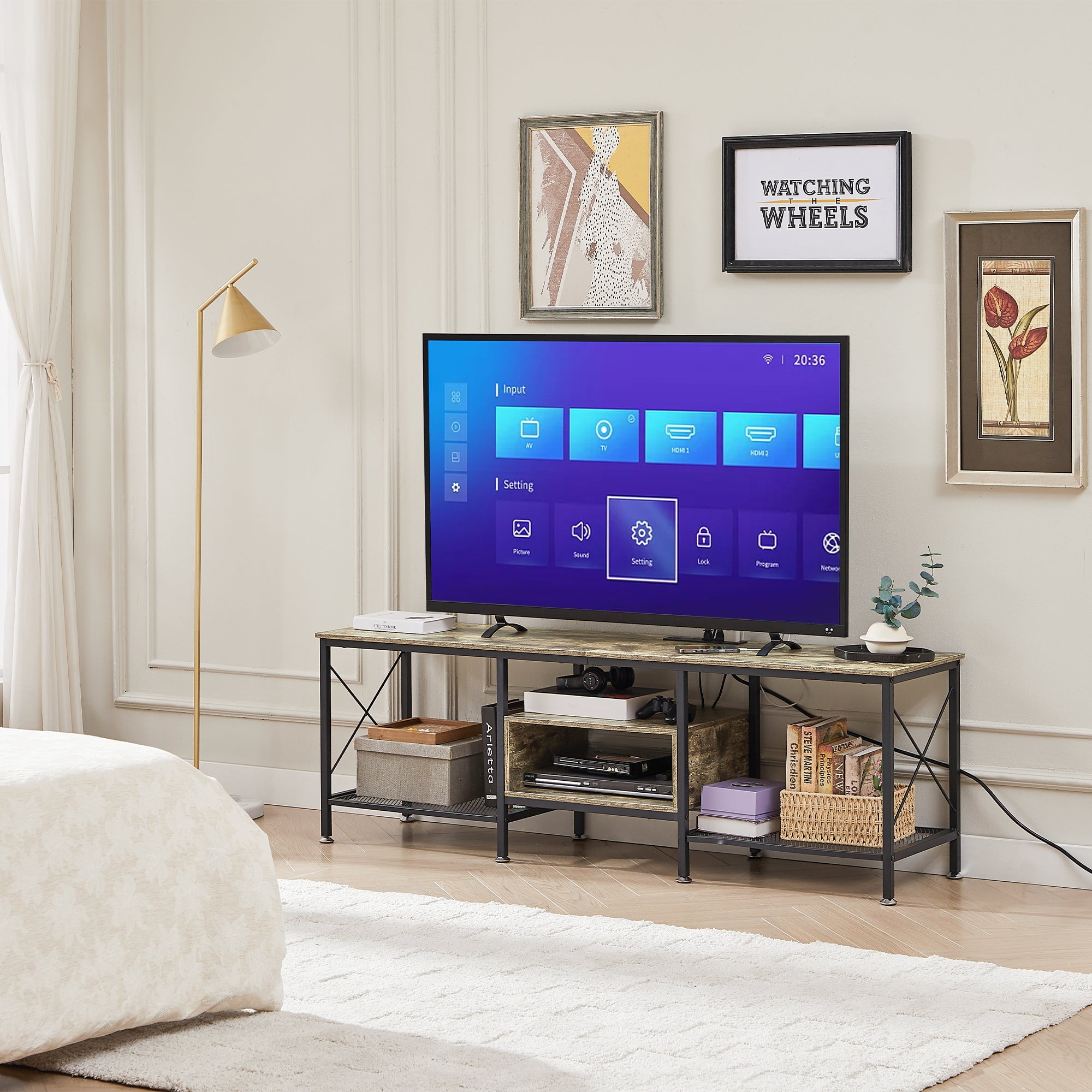 VECELO TV Stand with Power Outlets for TV up to 70 inch, Entertainment Center with USB Charging Station, Modern Industrial TV Console with Open Storage Shelves for Living Room & Bedroom, Gray