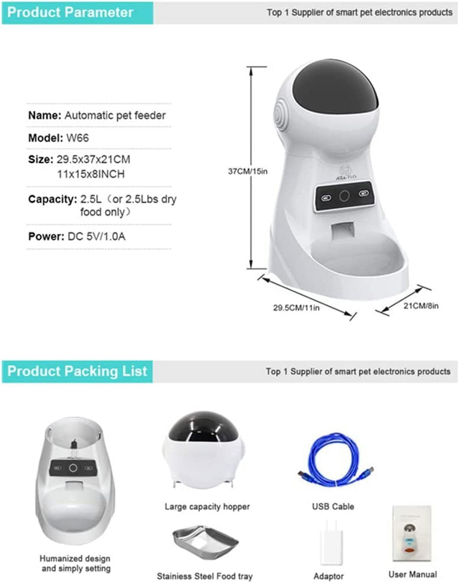 Alla Pets Dogs and Cats Feeder, Smart Automatic Pet Feeder Food Bowl Tank, Auto Pet Dry Food Dispenser 1~39 Portions Meal for Small and Large Pets (White)