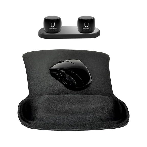 Fashionit U Speakers Bluetooth Pro Speakers & Charging Tray Travel Home Office Bundle with Black Wireless Mouse X3000 G2, & Coordinating Gel Mouse Pad, for Modern Workspace