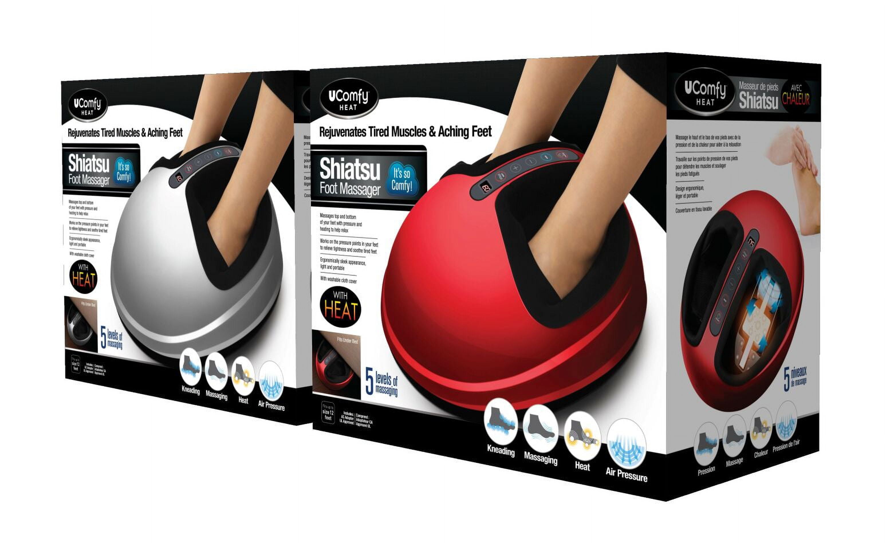 uComfy Shiatsu Foot Massager with Deep Kneading, Heat Features, Air Compression and Multi Level Massage Settings, Red, As Seen on TV