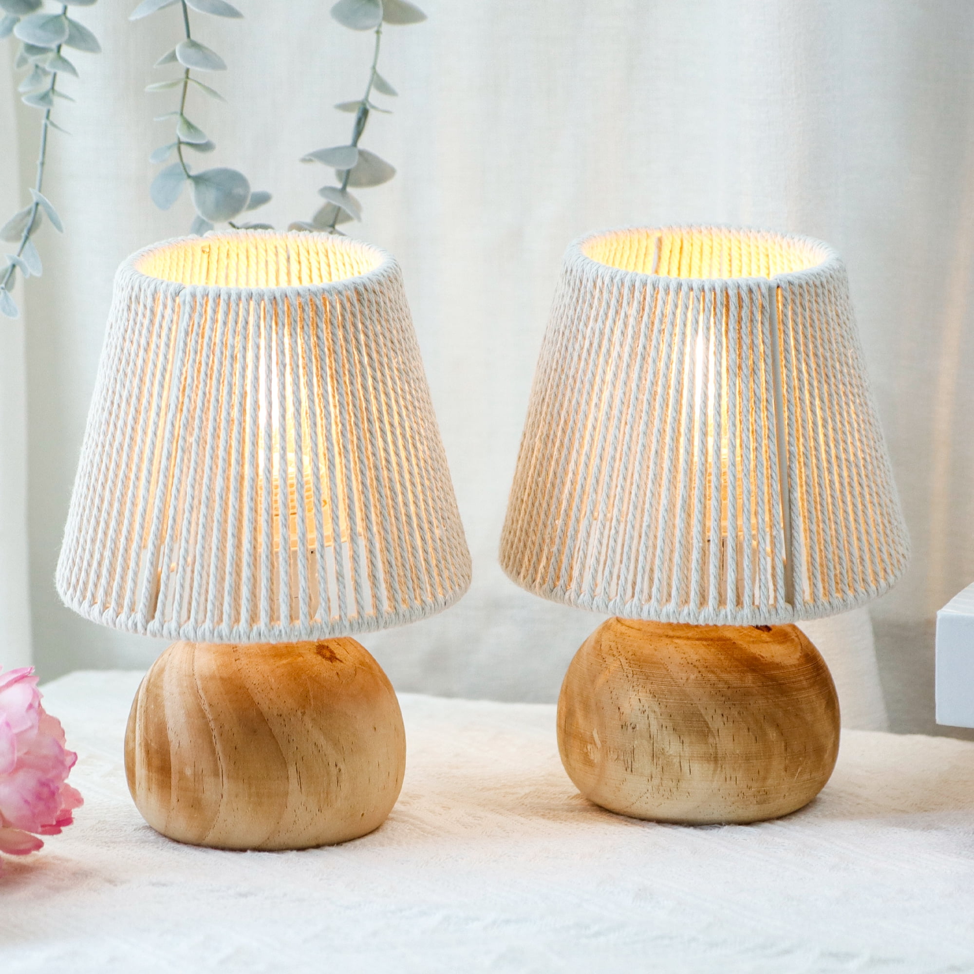 Set of 2 Woven Cotton Rope Table Lamp - 8'' Tall Cordless Battery Powered Lamps with Wooden Base