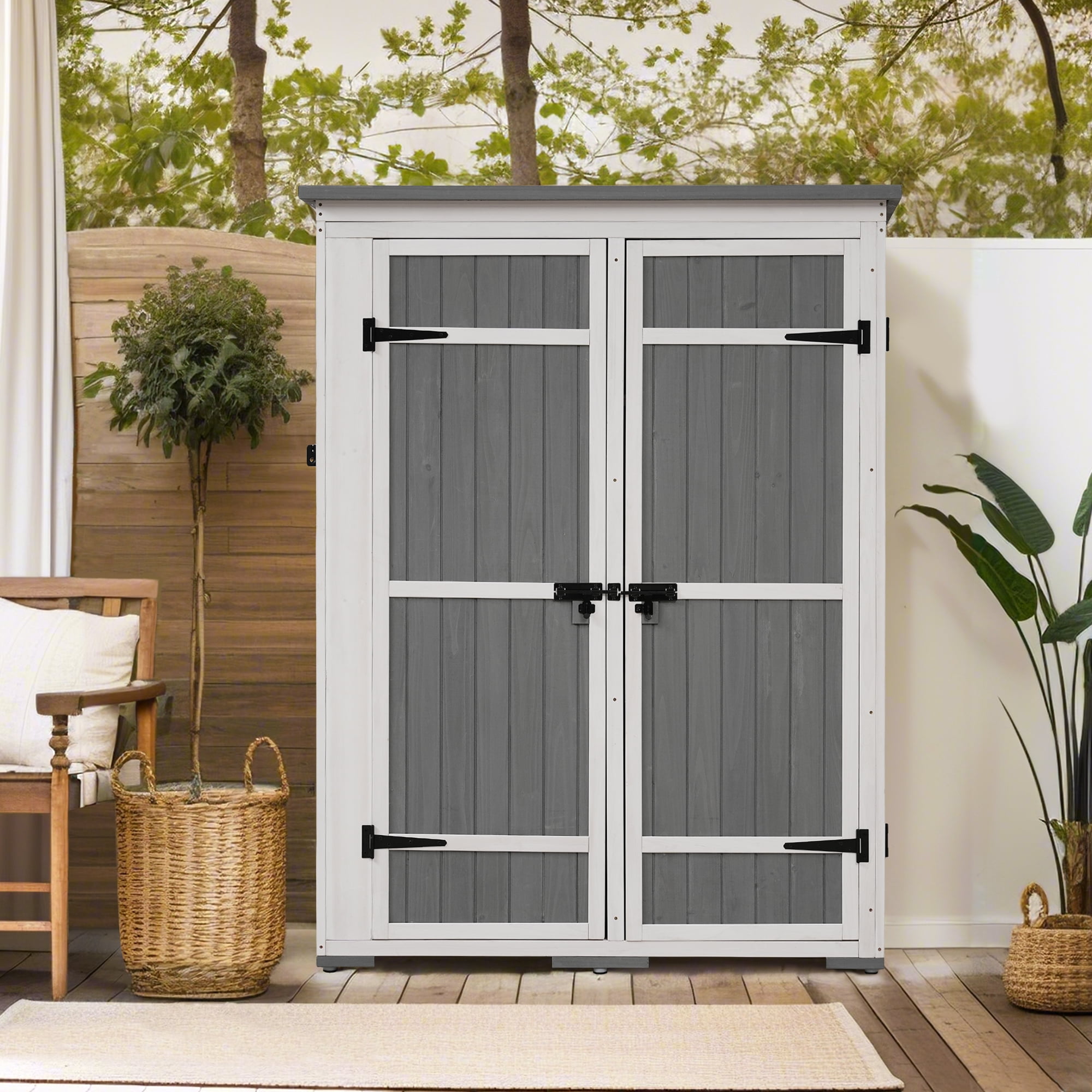 MAYEERTY Outdoor 5.5ft Wood Storage Shed with Lockable Doors, Multi-Shelf Garden Tool Cabinet with Waterproof Roof