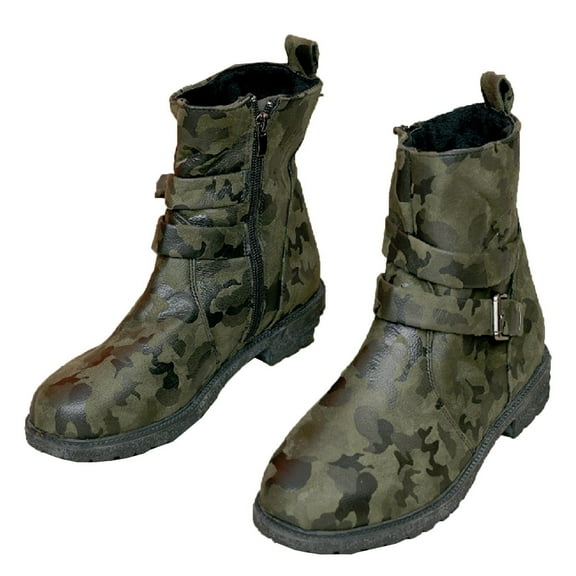Cmunyle Women'S Low Heel Mid Calf Boots With Buckle Strap Side Zipper Camouflage Print Pu Upper Rubber Sole For Casual Winter Outfit Us Size 5.5