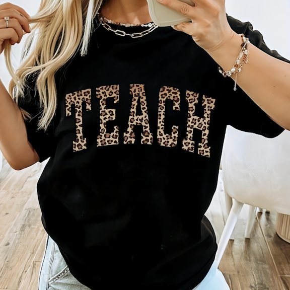 Fashion Graphic Tee,Tops Has"TEACH"Letter Print,Casual Round Neck Regular Fit T-shirts, Size(S-5XL)