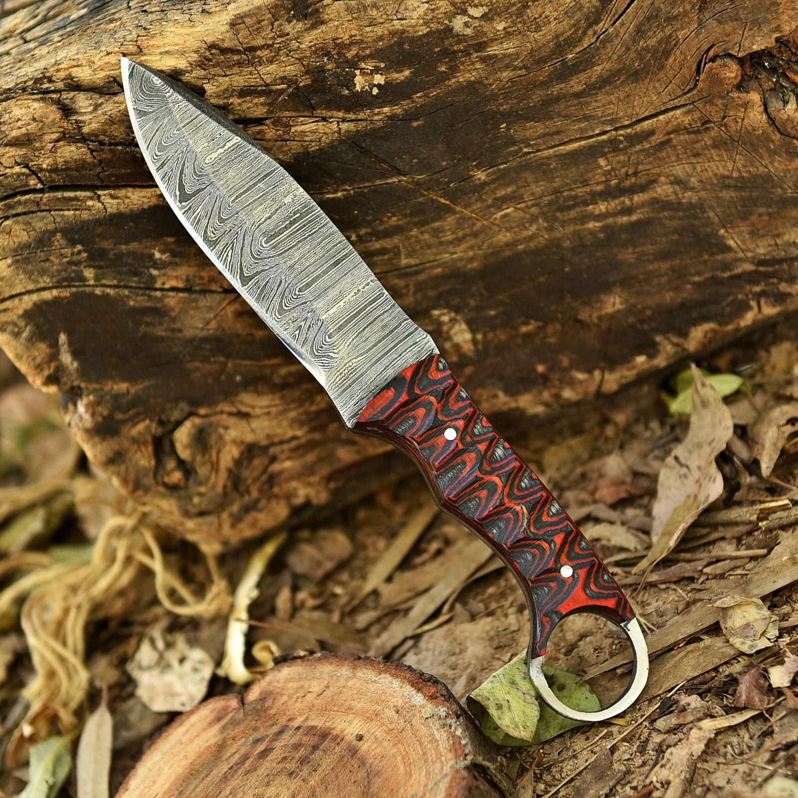 Damascus Steel Hunting Knife with Wooden Handle & Finger Ring, Fixed Blade Knife with Leather Sheath, Outdoor Camping Survival Knife