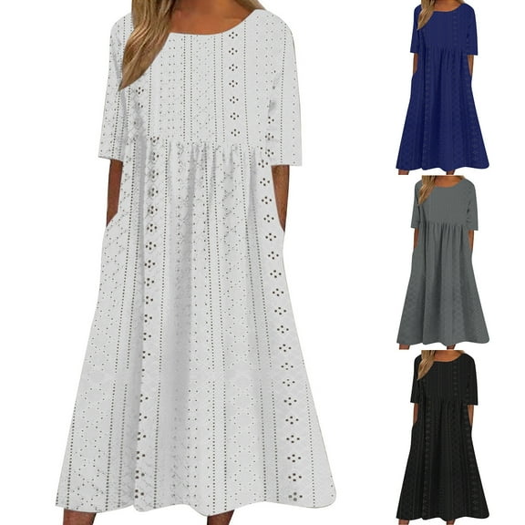 Jacenvly New Maxi Dresses for Women 2024 Womens Spring and Summer Round Neck Solid Casual Short Sleeved Eyelet Mid-Calf Dress Satiny Soft Flowy Dresses for Women Dark Gray