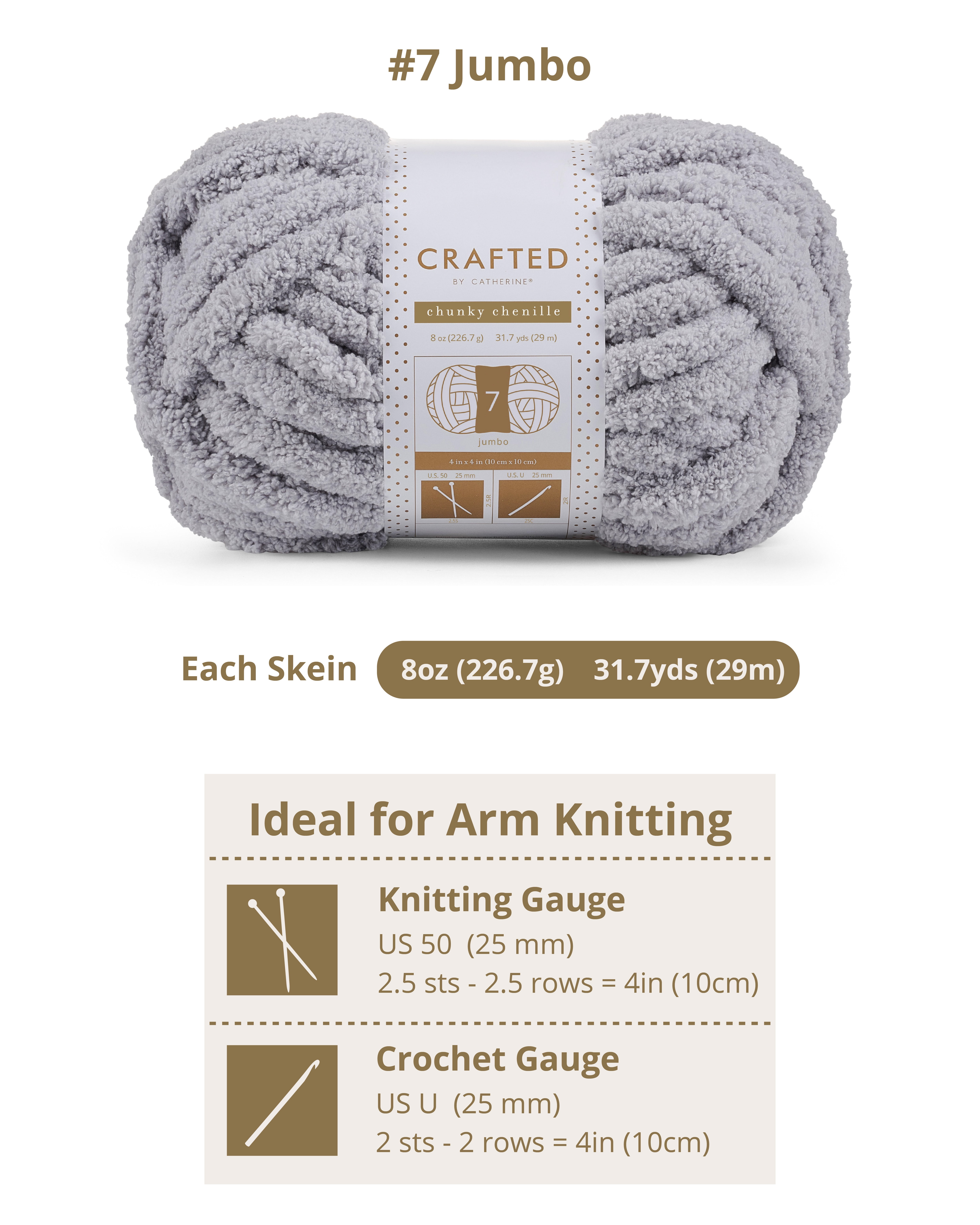 Crafted By Catherine Chunky Chenille Yarn - 2 Pack (8oz / 227g, 31.7 Yards Each Skein), Light Grey, Gauge 7 Jumbo