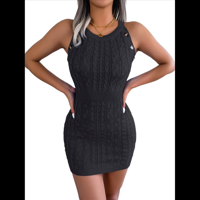 Vestido de Verano para Mujer, de Punto , Cuello Redondo, Sin Mangas y Ajustado. Negro S