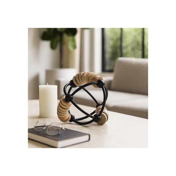 Home and Office Ornament for Living Room Decor - Unique Metal Abacus Orb with Wood Disc Detailing - Sculptural Home Decor for Shelf, Office, Coffee Table, or Bathroom Accent - 6" Black & Brown