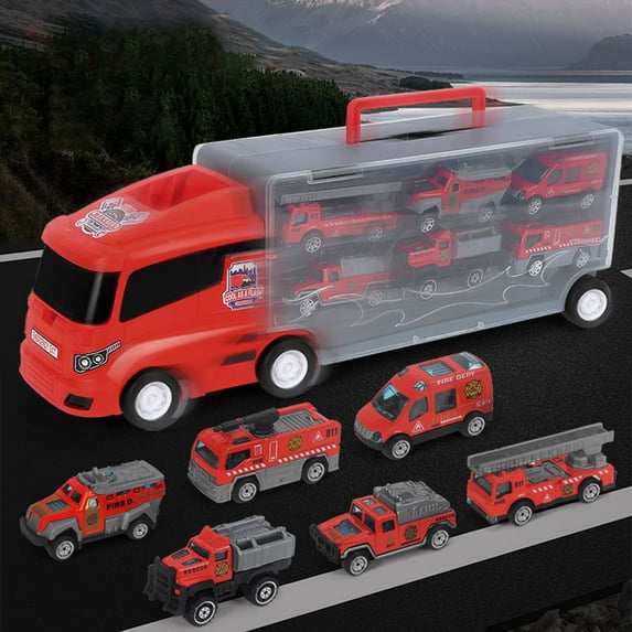 Hesroicy 1 Set Truck Container Toy Miniature Fire-Truck Engineering Truck Police-Car Diecast Alloy Vehicle Toy 1:50 Scale Portable Car Transporter Children Boy Toy Birthday Gift