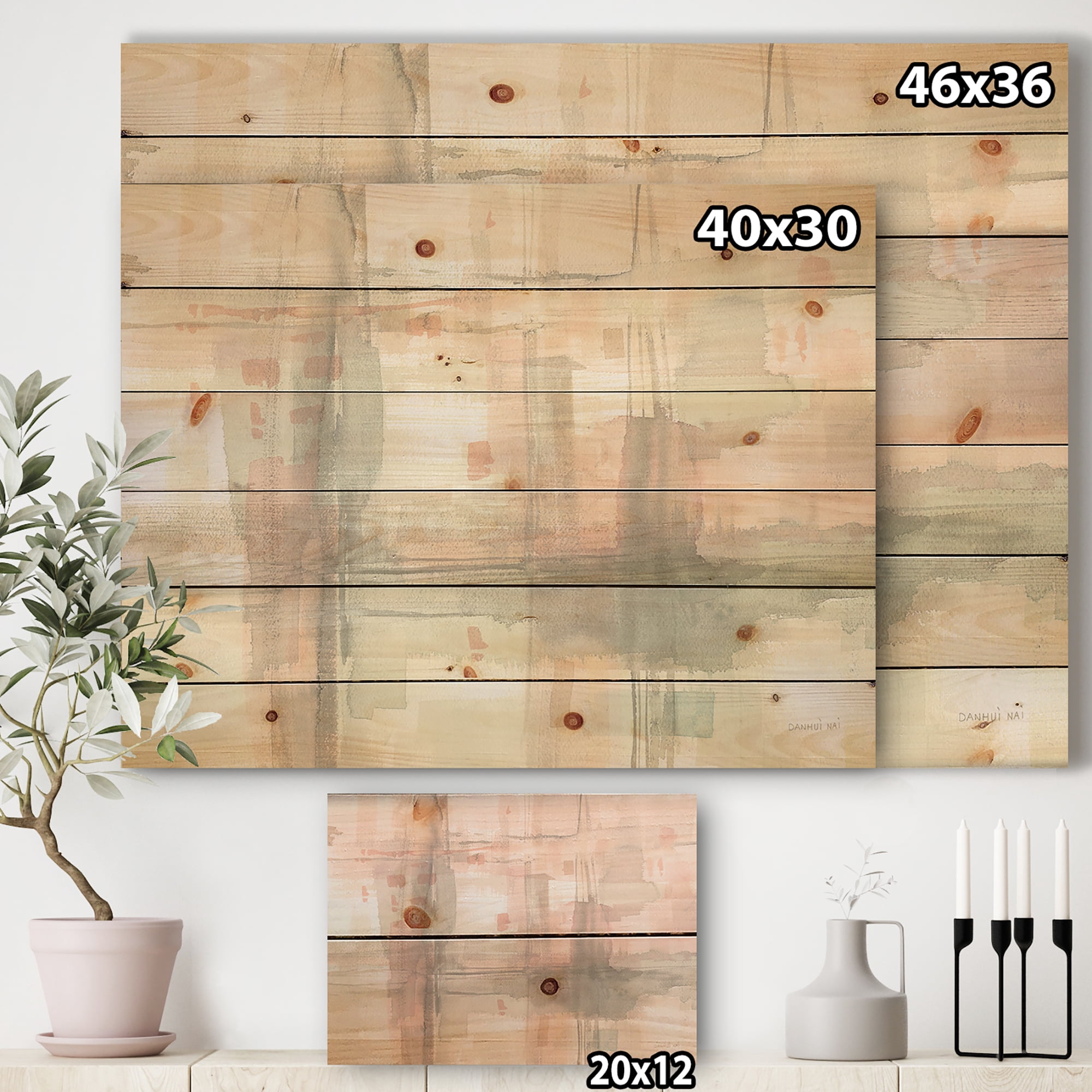 Designart 'Intersect II Grey' Pink Modern Print on Natural Pine Wood