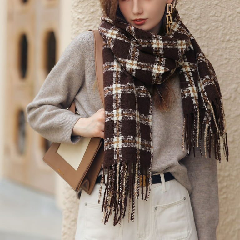 Wefuesd Women Fall Winter Scarf Classic Tassel Plaid Scarf Warm