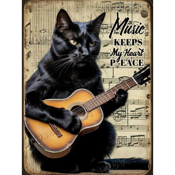 Black Cat Play Guitar Music Sign Cat Decor Cat Gifts Keeps My Heart Peace Metal Signs Vintage Aluminum Sign Decorative Outdoor Backyard Decor, Metal Wall Sign for Home Office 12x16 inch