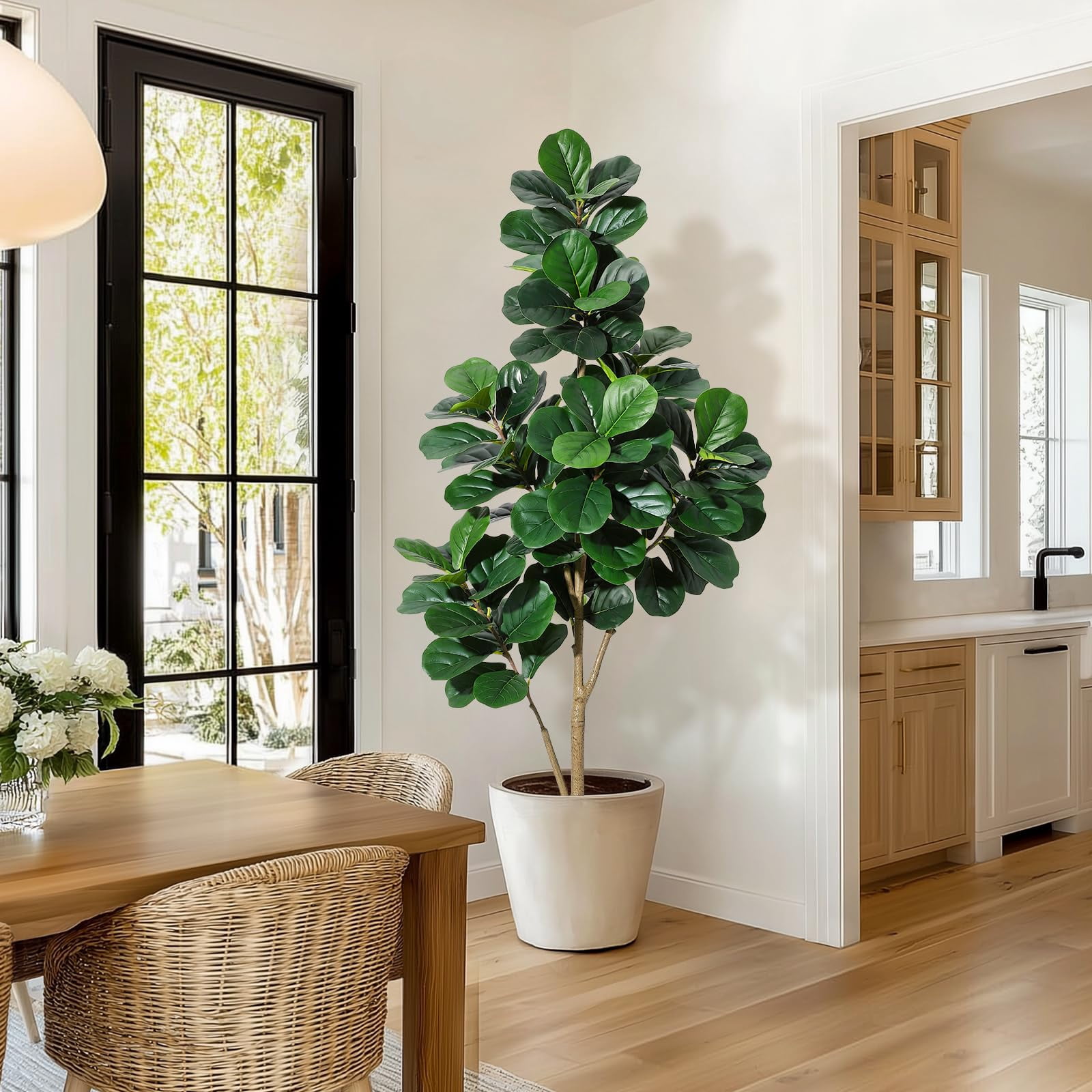Artificial Fiddle Leaf Fig Tree 6ft – Realistic Faux Ficus Lyrata Floor Plant with gray Planter, Indoor Fake Tree for Home Office Living Room Decor