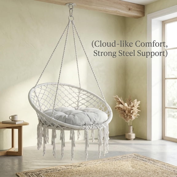Hand-Woven Cotton Rope Hanging Basket Chair, Bohemian Tassel Design with Plush Cushion, 330 lbs Heavy Duty Load Bearing for Bedroom, Living Room, Patio and Outdoor Porch