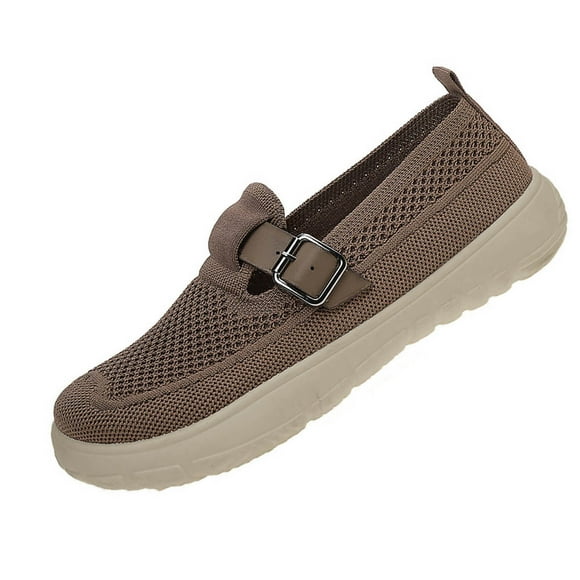 Xfvqtps Womens Breathable Mesh Slip on Shoes with Buckle Casual Thick Sole Sneakers Comfortable Walking Shoes Coffee