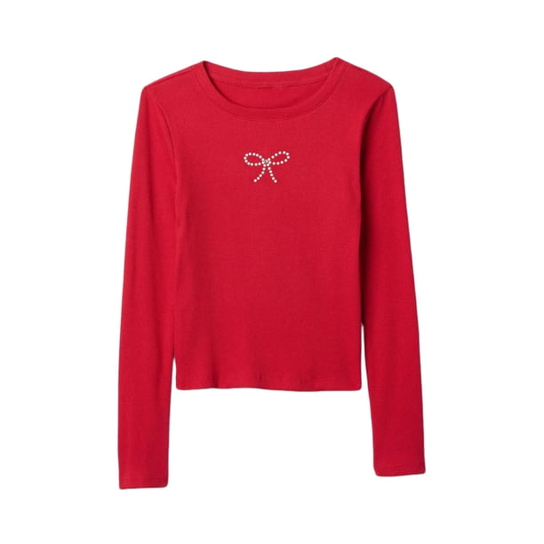 Camiseta GAP para Niñas de Manga Larga con Cuello Henley Acanalado, Color Rojo Moderno, Talla L