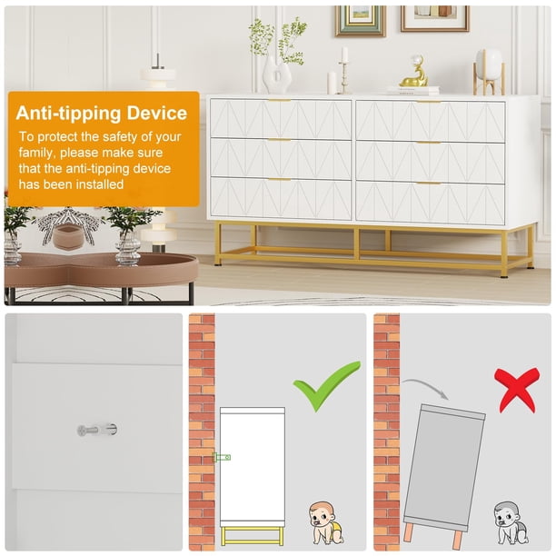 gold dresser walmart FURNIWAY 6 Drawer Dresser for Bedroom, 55" Wide Modern Chest of Drawers with Gold Metal Handles, Fluted Wood TV Stand for Living Room, Hallway, Natural