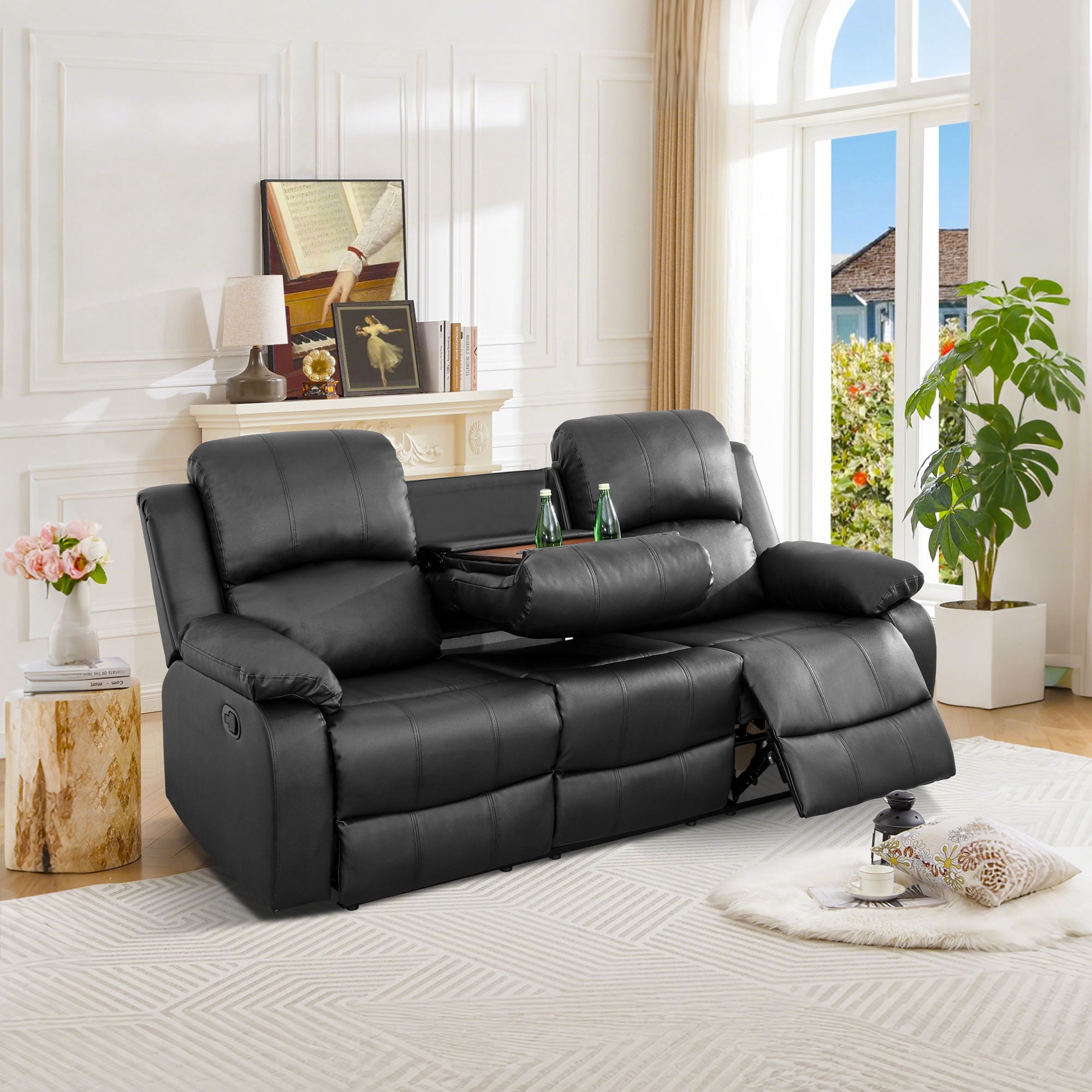 Gewnee 3-Seat Sofa and Recliner with Console and Cup Holders, Air Leather and High-Elasticity Sponge, Adjustable Reclining Angle, Ideal for Living Room, Black