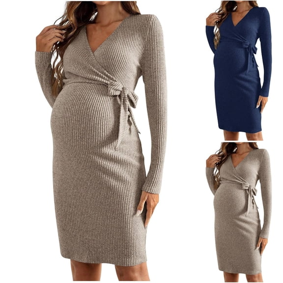 Loopsun Dresses for Women, Maternity Dress, Women's Long Sleeve V Neck Knitted Nursing Knee Length Maternity Dress Dark Blue, L