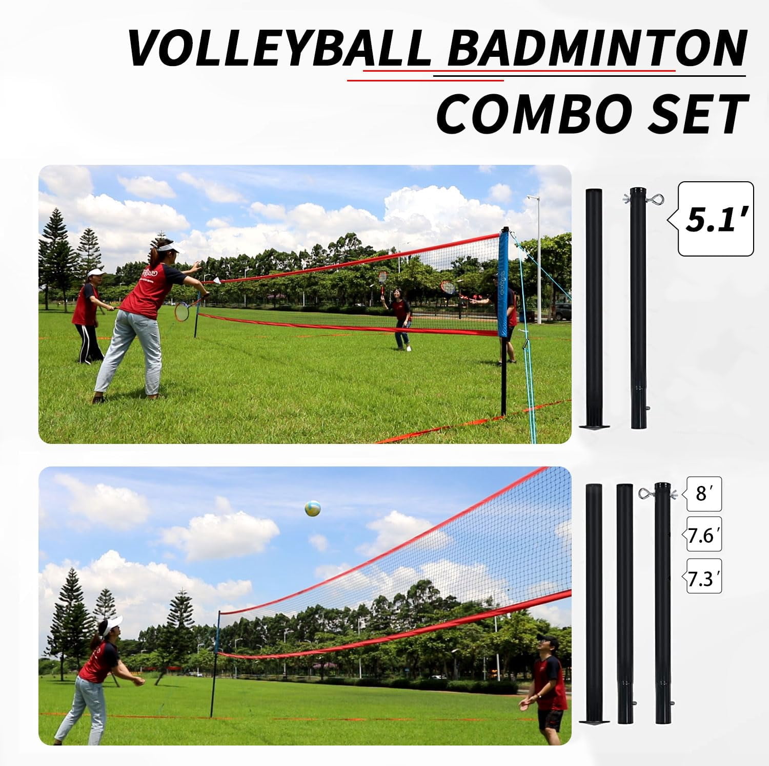 Volleyball And Badminton Combo Set For Backyard - 20ft/32ft Volleyball/badminton Net With Adjustable Height Pole Anti-sag System Volley Ball  Racquets Boundary Line Carry Bag