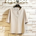 thumbnail image 3 of Men's Breathable Cotton Linen Button Short Sleeve T-Shirt, 3 of 5