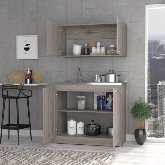 FM FURNITURE Perseus 2-Shelf Engineered Wood Cabinet Set in Light Gray