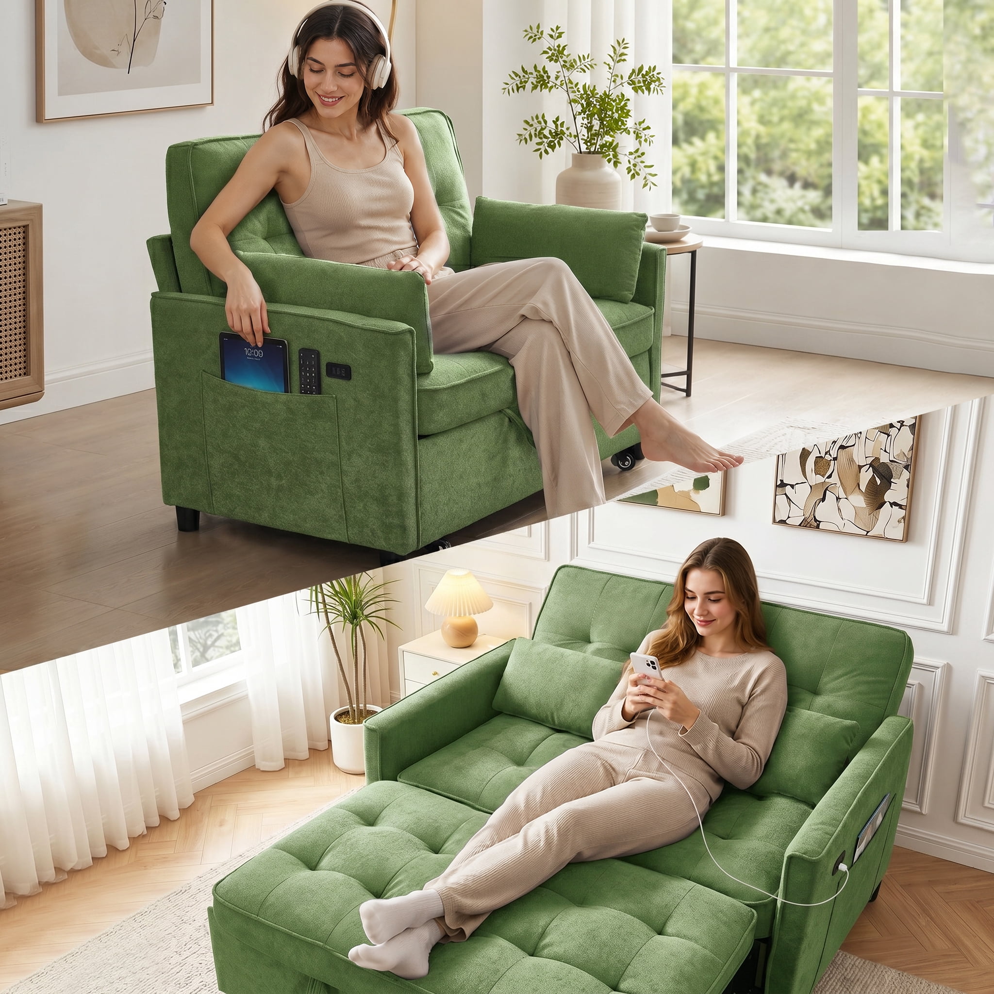avobird 54'' 3 in 1 Pull Out Sofa Bed, Convertible Couch with Adjustable Backrest/Side Pockets/USB Charging Ports, Sleeper Sofa for Living Room, Green