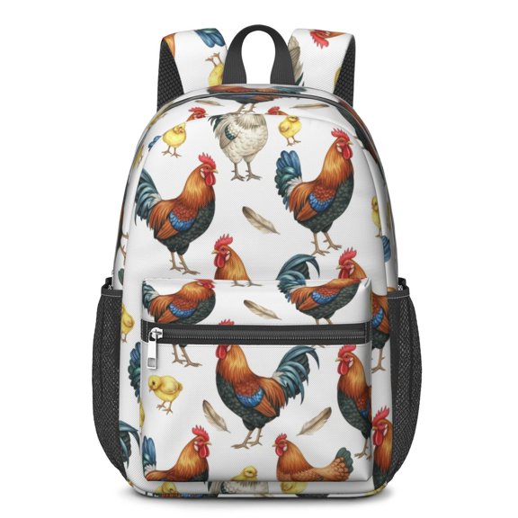 Rooster and Feather White Pattern 17" School Backpacks for Teens,Waterproof Oxford Fabric,S-Shape Padded Straps for School,Travel,Hiking,Camping