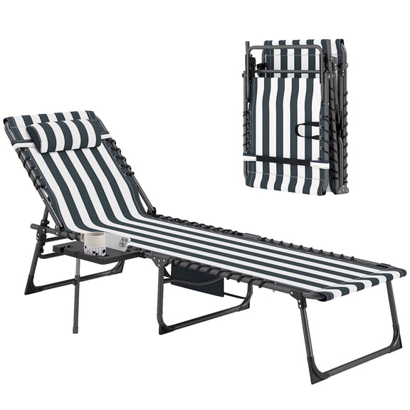 Chaise Lounge Chair, Folding Outdoor Steel Patio Lounger with 5-Level Adjustable Back, Side Table, Pillow, and Pocket, Blue and White