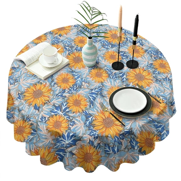Blue Orange Sunflower Leaf Pattern Round Tablecloth 60"x60",Wrinkle Wipeable Table Cloth for Kitchen Dining Room Picnic Patio Party