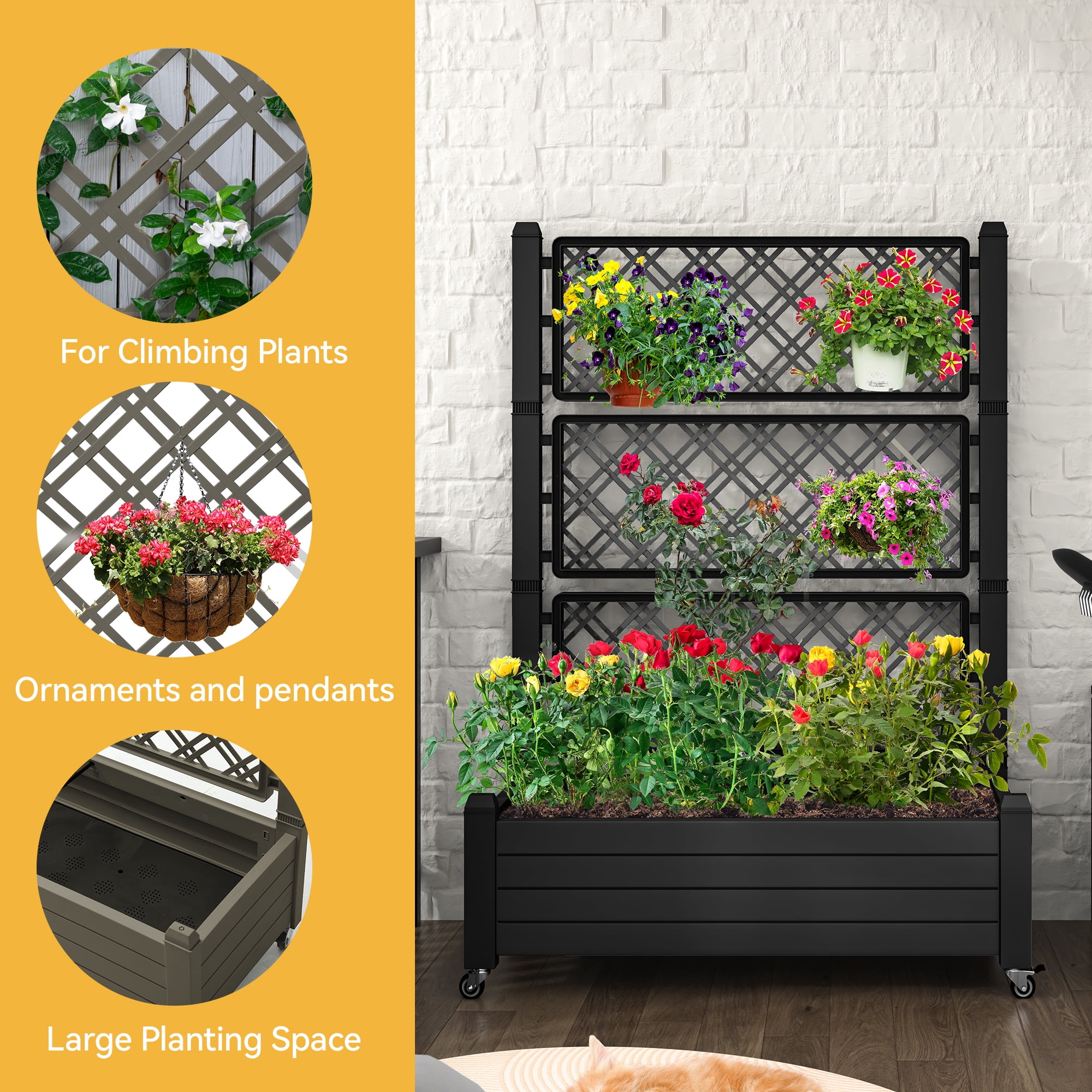 Uforic Large Planter Box Trellis, Outdoor Raised Garden Bed with Drain Plug and Lockable Wheels,for Climbing Plants, 3.6x1.5x5 FT-Black