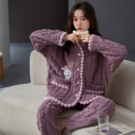 

QWZNDZGR Winter Flannel Elegant Women Cartoon Sleepwear Girls Pajamas Pajama Sets Nightwear Coral Fleece Pijamas Mujer Homewear Fashion