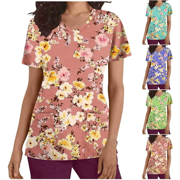 Jinhomg Floral Scrubs for Women Soft Stretchy Short Sleeve V-Neck Medical Uniform Ladies Cute Nurse Shirt with Two Pockets Sales Today Clearance Women Green XXL